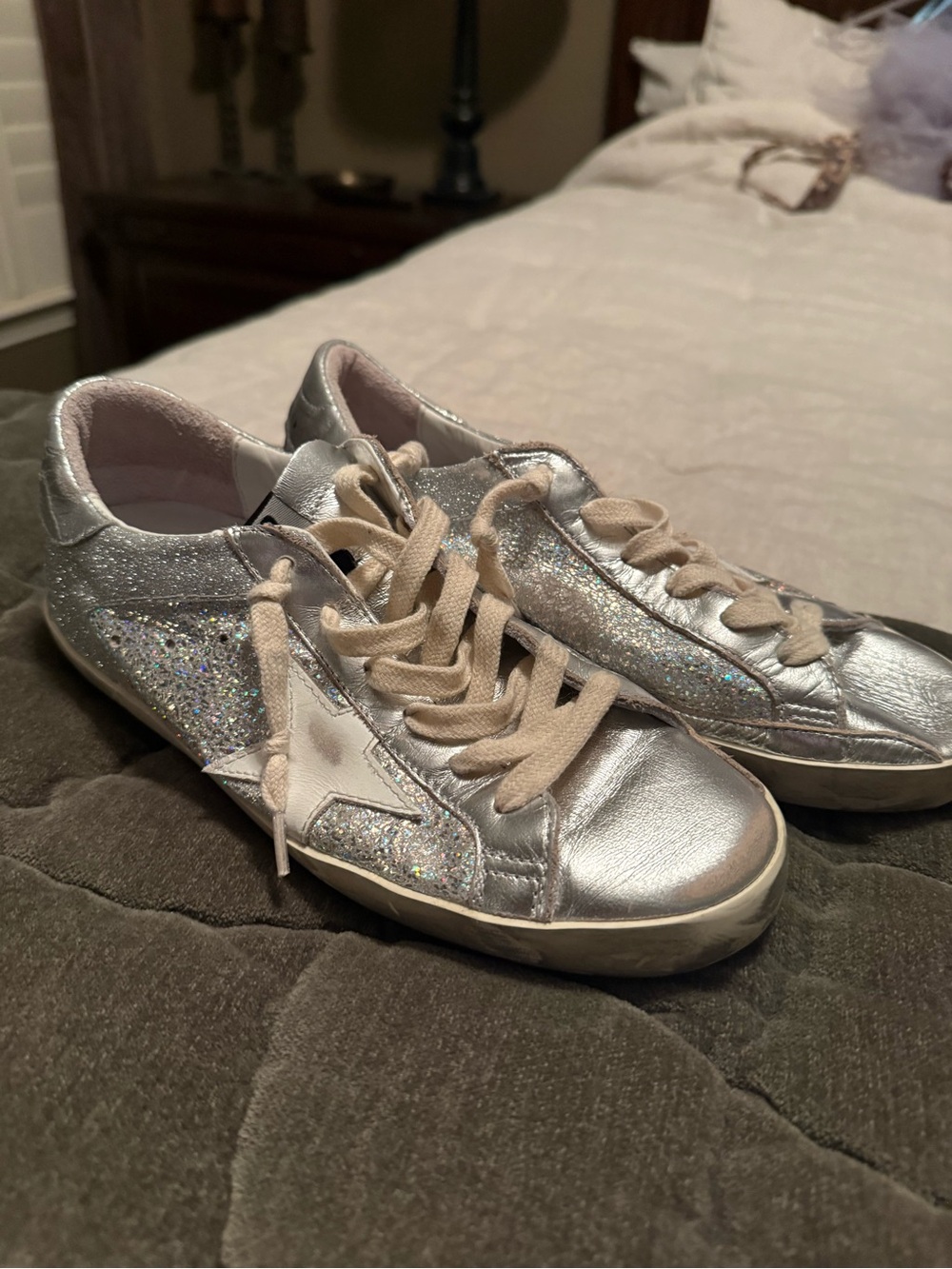 Golden Goose Silver Glitter Low-Top Sneakers with Cream Laces